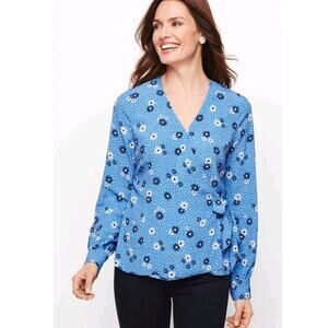 Talbots Poet Sleeve Faux Wrap Top sz L Blue White Flowers Dots Boho